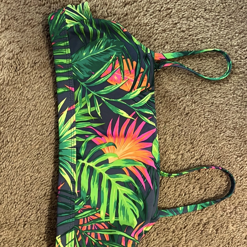 green bikini top colorful leave pattern worn once size medium